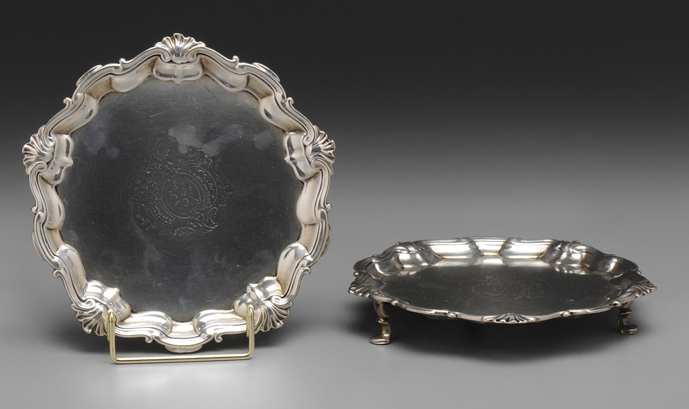 Pair George II English Silver Salvers