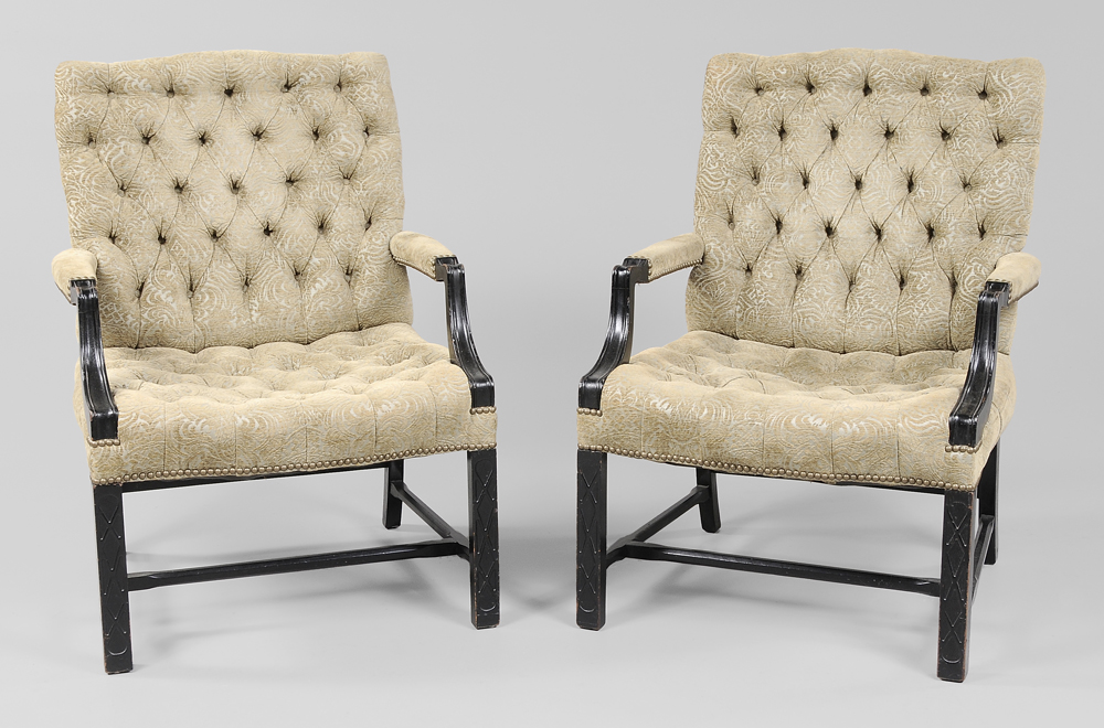 Pair Chippendale Style Tufted Library