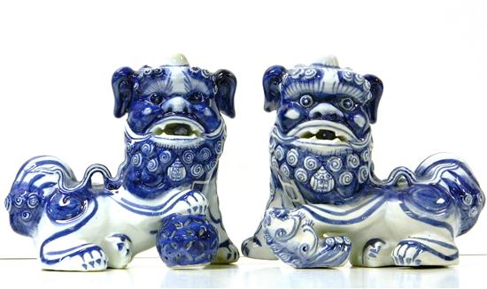 Pair blue and white porcelain Foo dogs