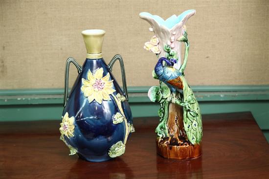 TWO VASES. Majolica floriform with foliage