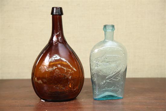 TWO GLASS FLASKS. Aqua eagle flask.