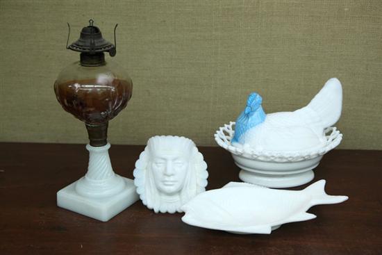 FOUR PIECES OF MILK GLASS. Oil lamp.11h.