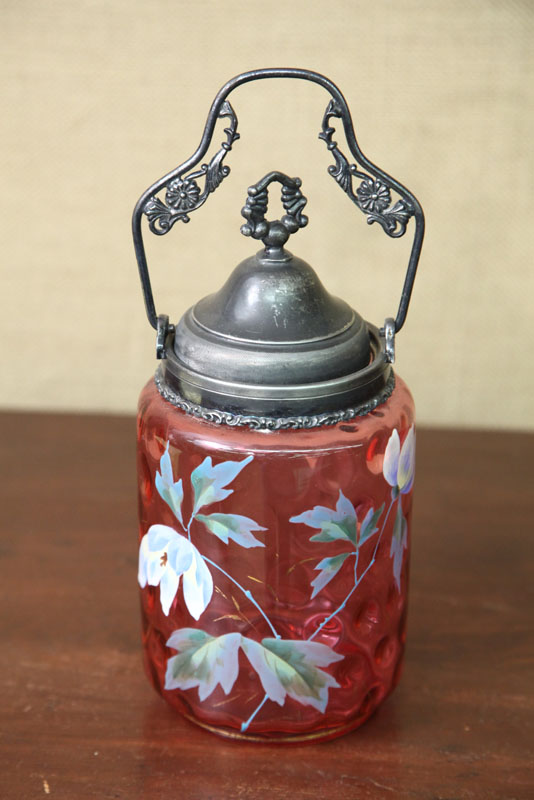 BISCUIT JAR. Cranberry coin spot glass