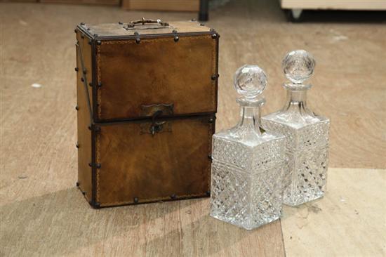 PAIR OF CASED GLASS DECANTERS.