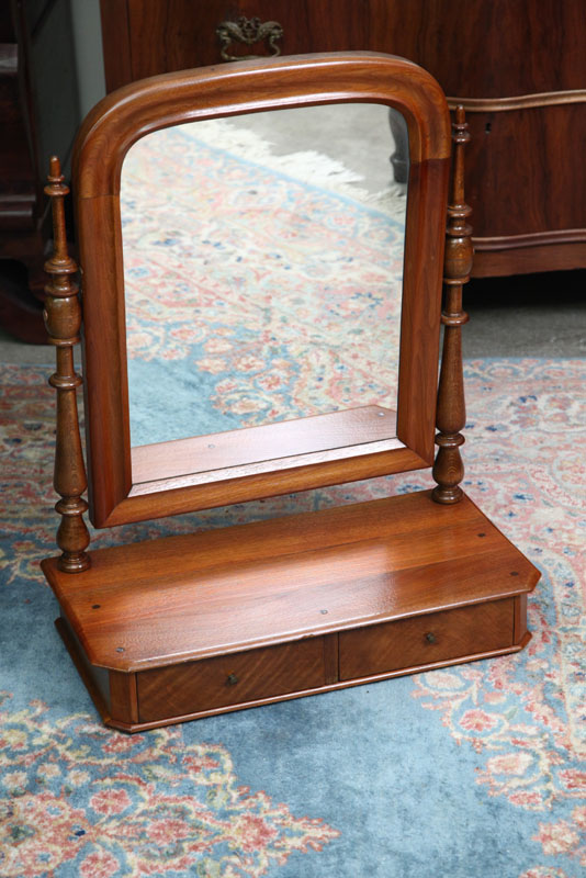 WALNUT SHAVING MIRROR. Turned posts