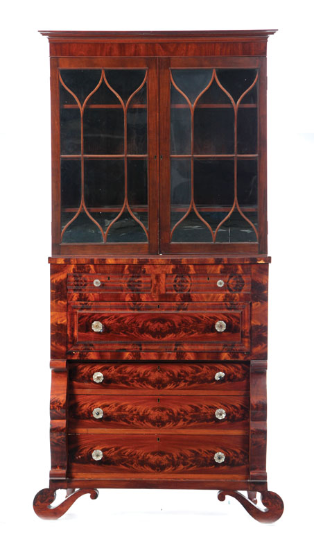 TWO PIECE SECRETARY BOOKCASE. Flame