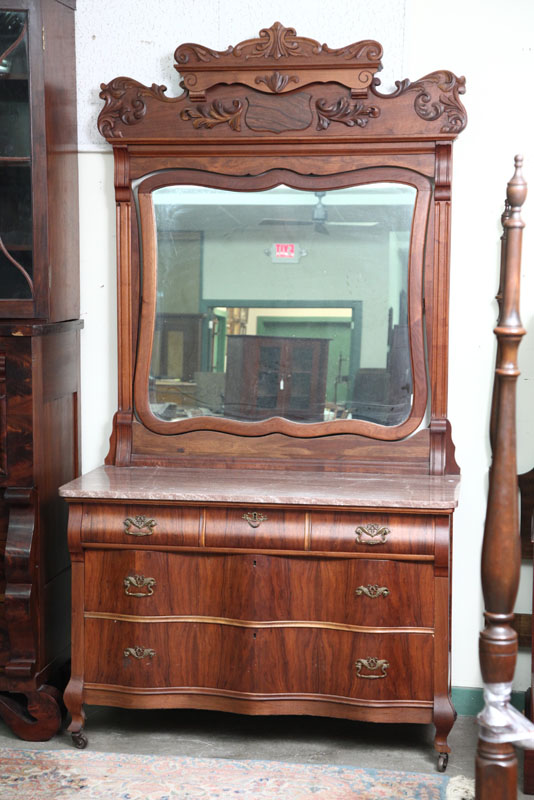 MARBLE TOP DRESSER WITH MIRROR.
