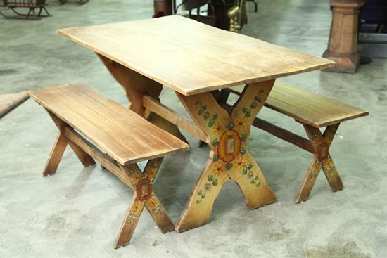 PICNIC TABLE. With two benches and floral
