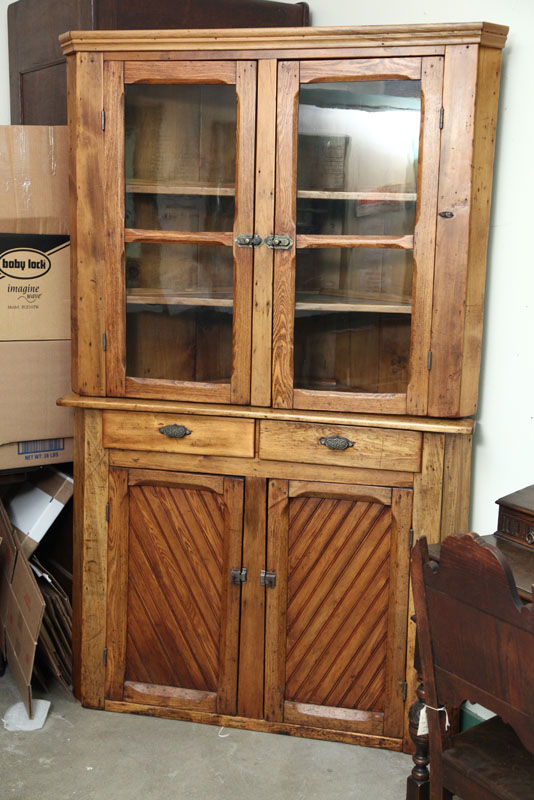 TWO PIECE CORNER CUPBOARD. Pine