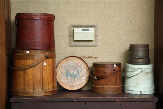 FIVE WOODEN FIRKINS. Stave constructed