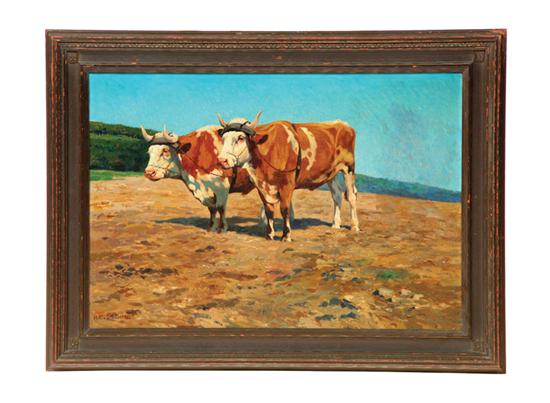 OIL ON BOARD. Of Oxen in a field. Artist