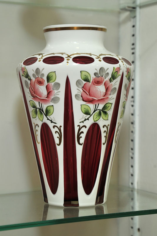 CUT OVERLAY VASE. White cut to