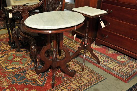 TWO VICTORIAN MARBLE TOP STANDS.