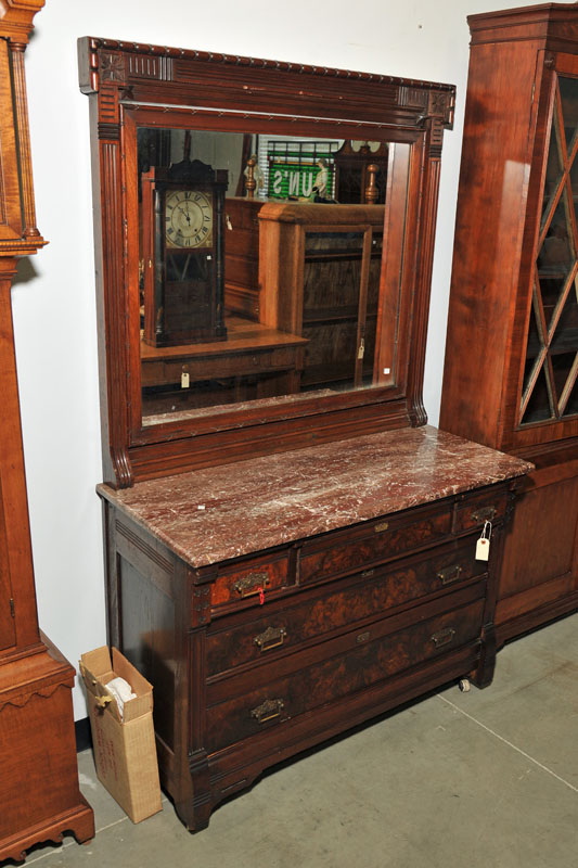 MARBLE TOP DRESSER WITH MIRROR.