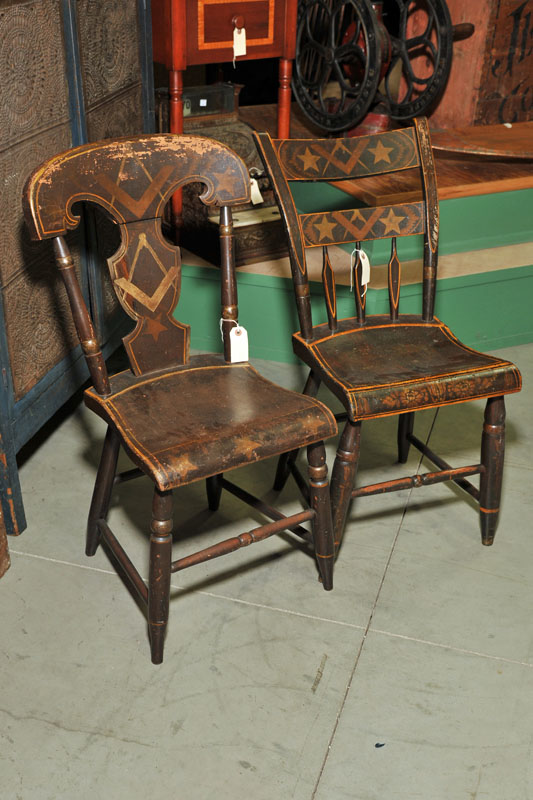 TWO PAINT DECORATED SIDE CHAIRS.