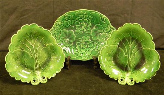 Three Majolica green dishes  pair