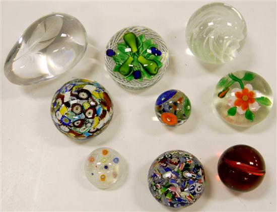 Collection of nine glass paperweights