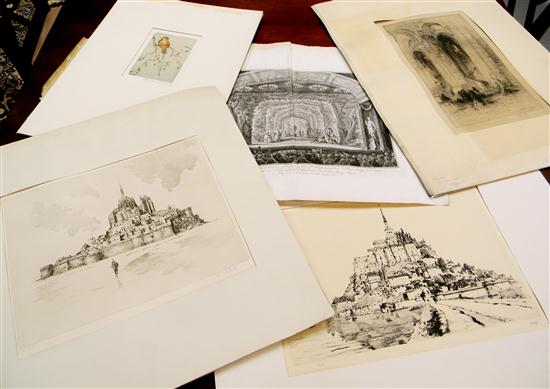 Group of five unframed etchings