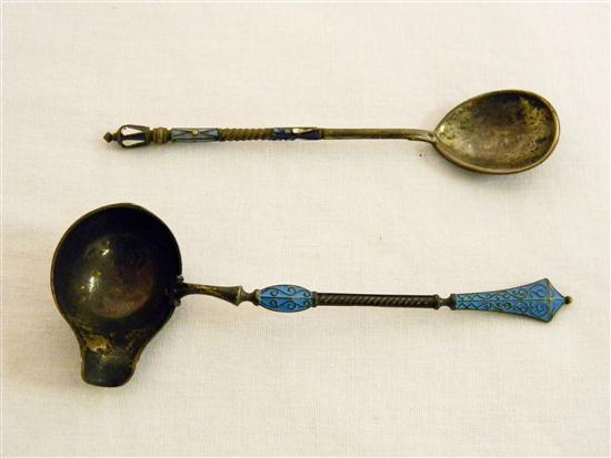 Two Russian enamel spoons  5 long