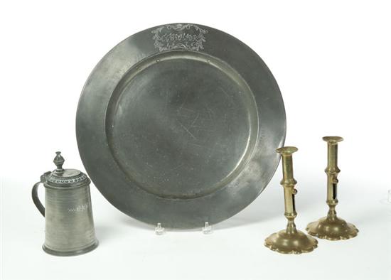 TWO PIECES OF PEWTER AND PAIR OF