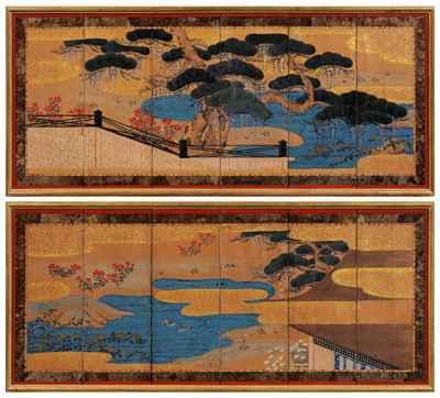 Pair Japanese six panel table screens  1147f7