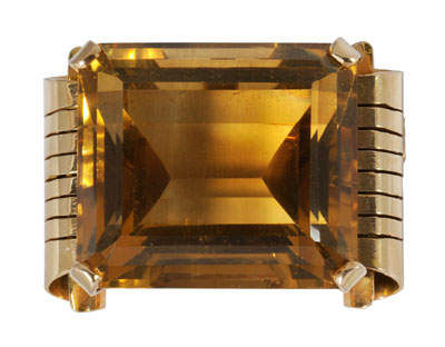 Large Retro citrine brooch, emerald-cut