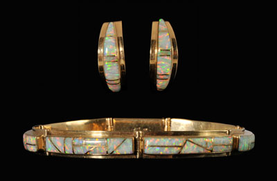 Gold and opal bracelet and earrings