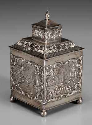 Continental silver tea caddy square 114821