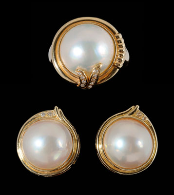 Mabe pearl, diamond earrings and ring: