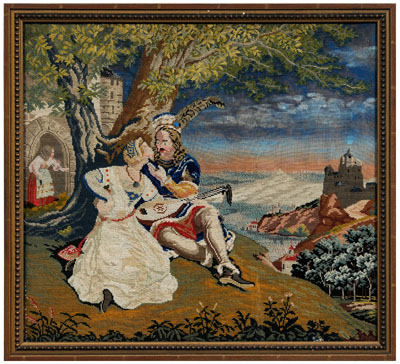 Needlework courting scene, couple