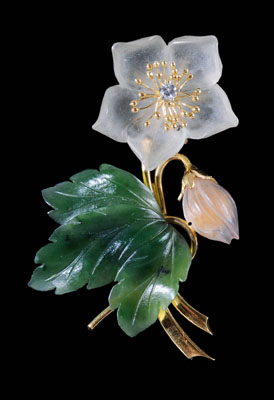 Carved jade and quartz flower brooch,