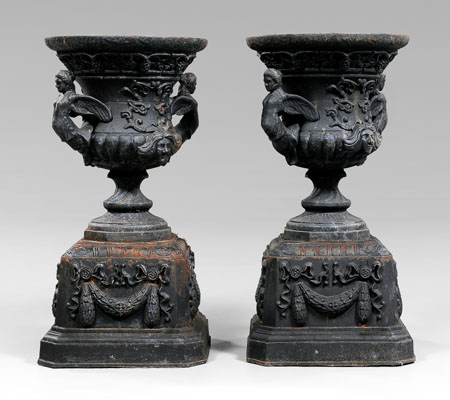 Pair figural cast iron garden urns  114911