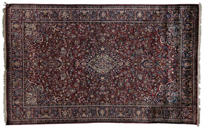 Kashan silk rug, blue and ivory