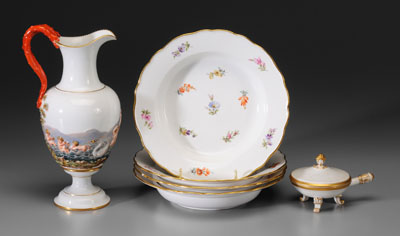 Six pieces Meissen porcelain: four shallow
