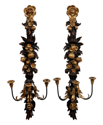 Pair carved wood and iron sconces  114981