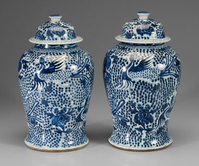 Pair Chinese lidded jars: blue