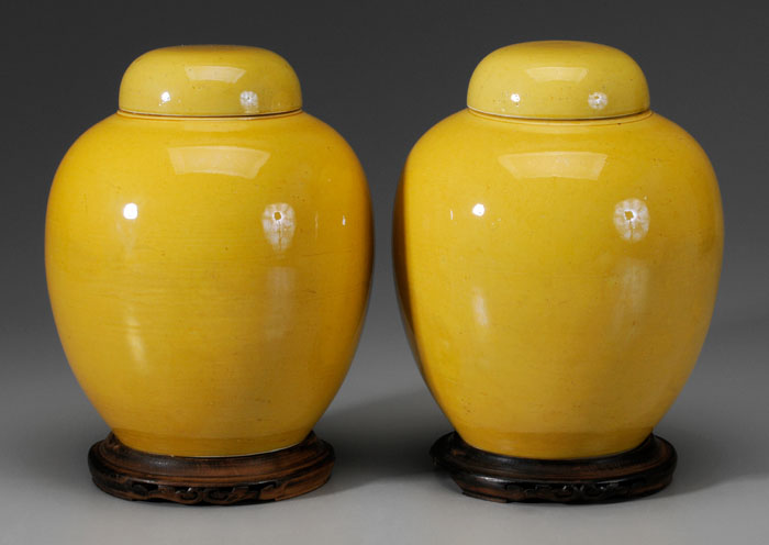 Pair Yellow Glazed Lidded Jars 114acd