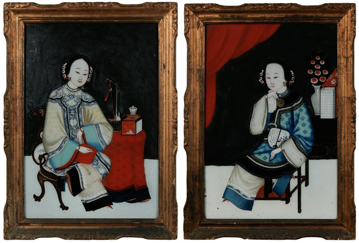Pair Reverse Paintings on Glass
