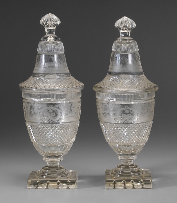 Pair Lidded Cut Crystal Urns British 114b3e