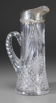 Cut glass pitcher, sterling collar,