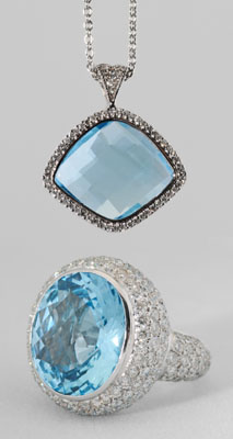 Blue topaz, diamond ring, pendant: