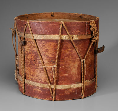 Painted wooden drum, original hide top