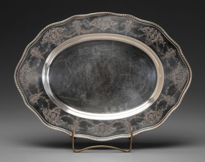 Sterling tray, cartouche form, scroll