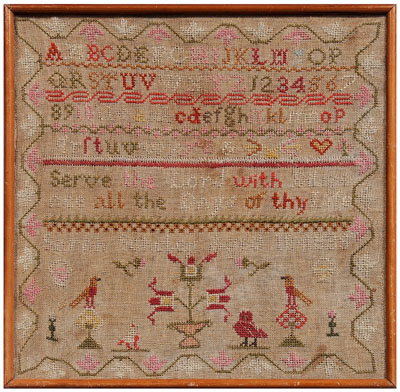 1835 alphabet sampler, stitched Sarah