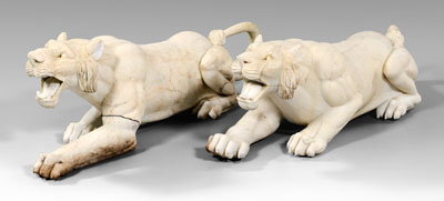 Large pair carved marble lions: