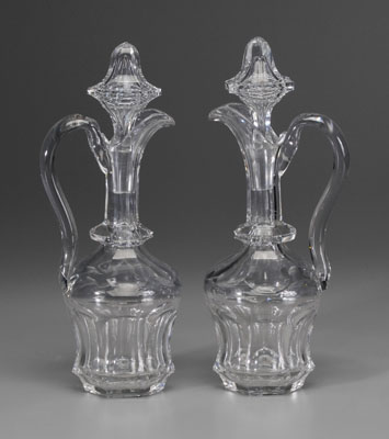 Pair glass ewers: faceted stoppers,