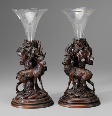 Pair carved wood and glass vas