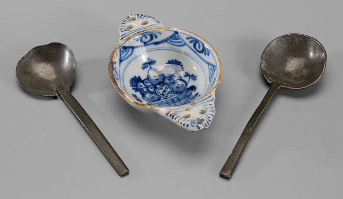 Delft Porringer, Two Pewter Spoons