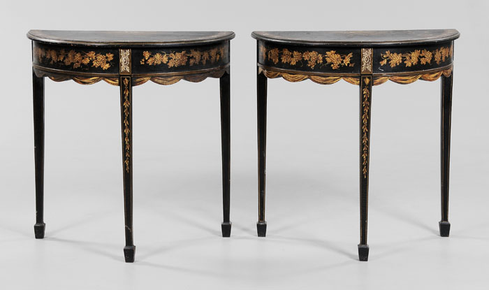 Pair Paint-Decorated Demilune Tables