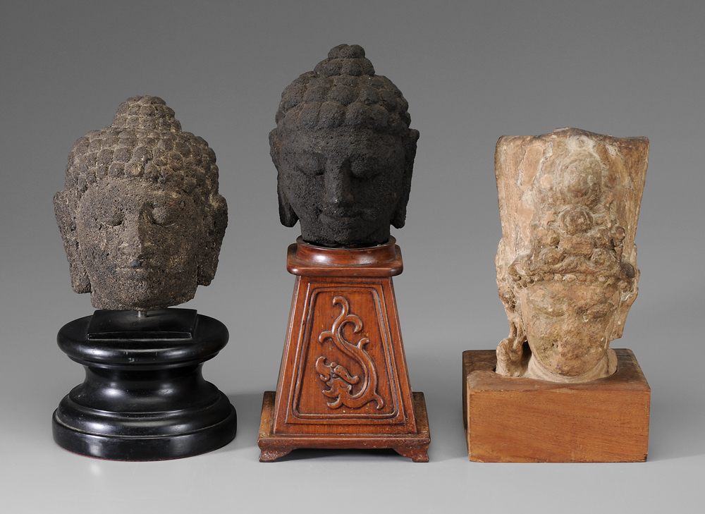 Three Carved Stone Heads Indonesian,